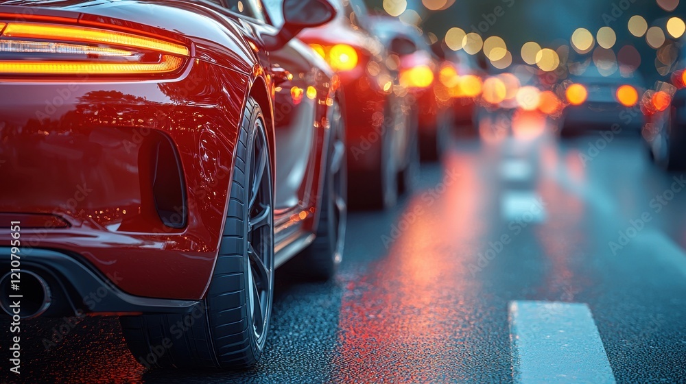 Traffic jam with luxury cars illuminated in city at night showcasing vibrant urban atmosphere Traffic jam with luxury cars illuminated in city at night showcasing vibrant urban atmosphere