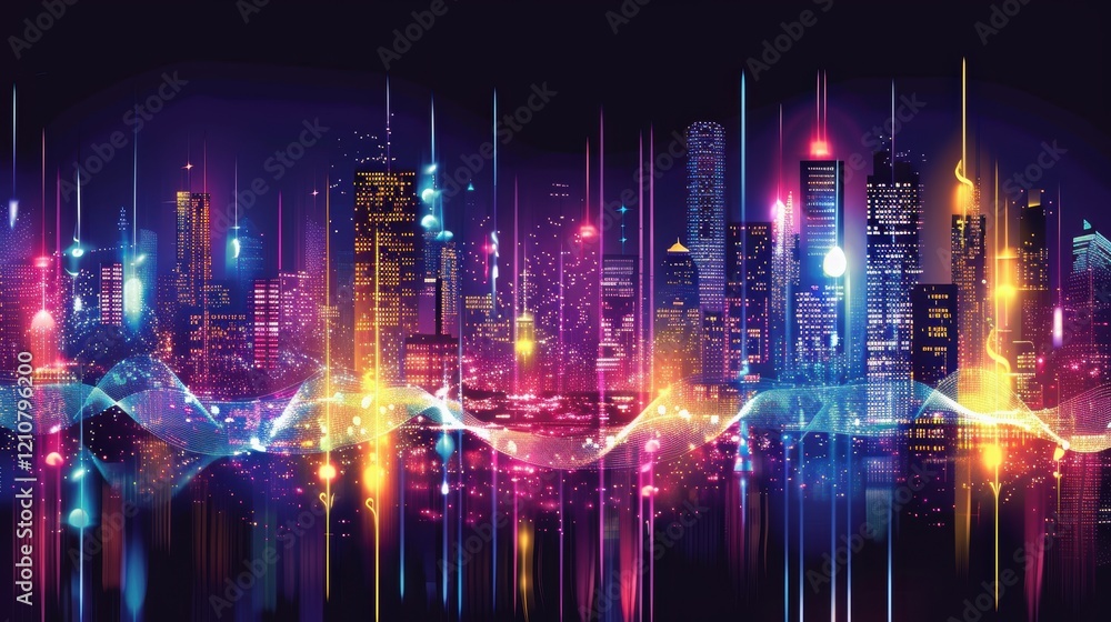Vibrant City Skyline with Glowing Sound Waves Symbolizing Urban Energy and Nightlife Vibrant City Skyline with Glowing Sound Waves Symbolizing Urban Energy and Nightlife