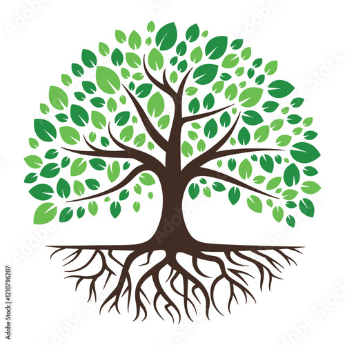 Green tree vector illustration featuring lush leaves and visible roots. Perfect for nature, ecology, and environmental concepts.