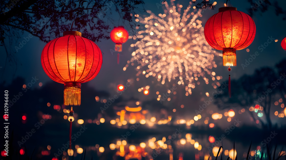 Obraz premium Traditional Lanterns Illuminate the Night Sky with Colorful Fireworks Display : Generative AI