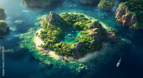 A breathtaking aerial view of El Nido, Palawan, showcasing a cliff landscape with sparkling turquoise water. An ideal spot for a beautiful vacation and travel destination photo