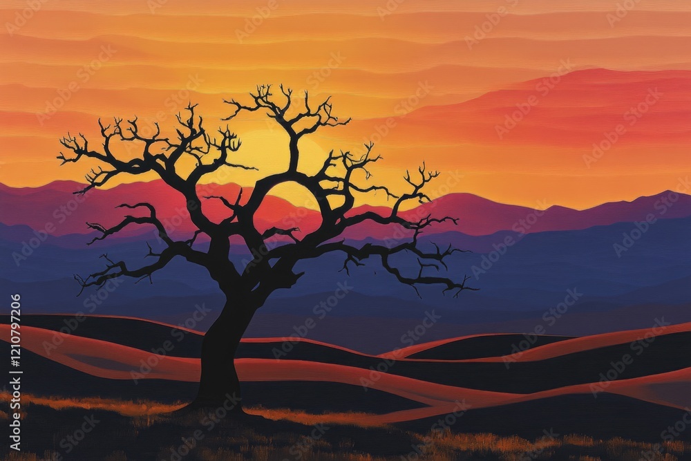 Naklejka premium Silhouette of a barren tree against a vibrant sunset over rolling hills and mountains.