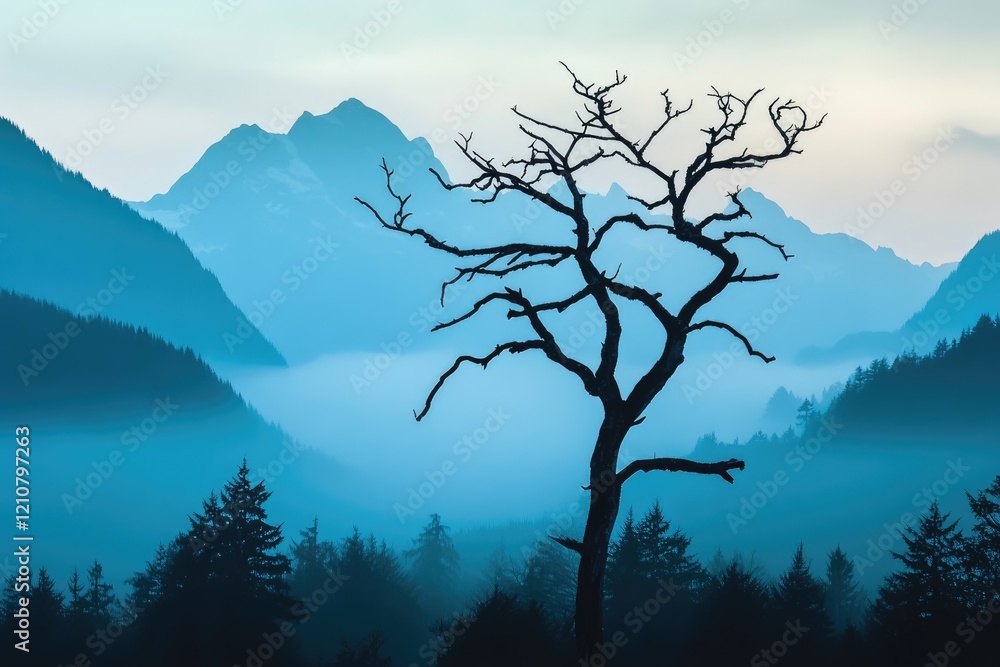 Silhouette of a dead tree against a misty mountain range at dawn, evoking serenity and mystery. Silhouette of a dead tree against a misty mountain range at dawn, evoking serenity and mystery.