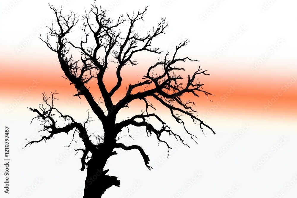 Fototapeta premium Silhouette of a leafless tree against a vibrant orange and white sky.