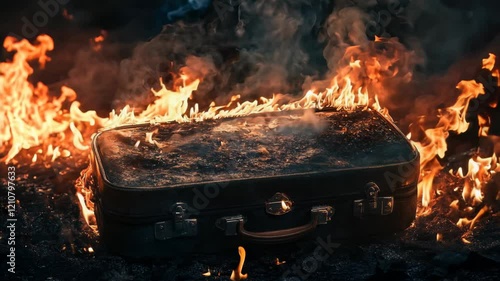 Burning Suitcase Surrounded by Flames and Smoke in Dramatic Scene