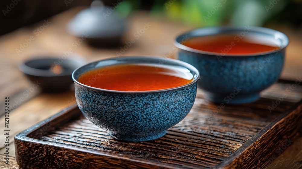 Traditional tea ceremony showcasing two bowls of fragrant red tea on a wooden tray