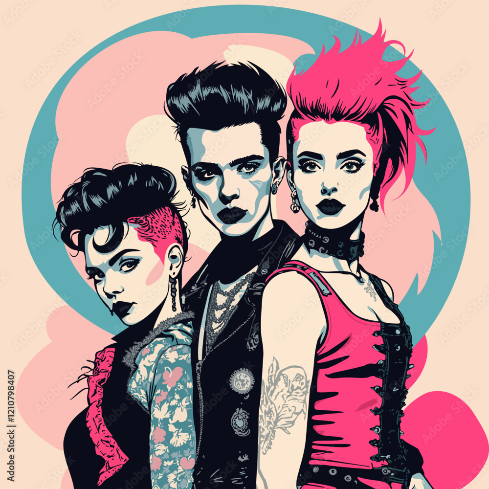 Punk teens. Vector poster in pop art style. Bright glamour young people in punk outfit. Black, pink and blue color palette. Rococo inspired. Punk teens. Vector poster in pop art style. Bright glamour young people in punk outfit. Black, pink and blue color palette. Rococo inspired.