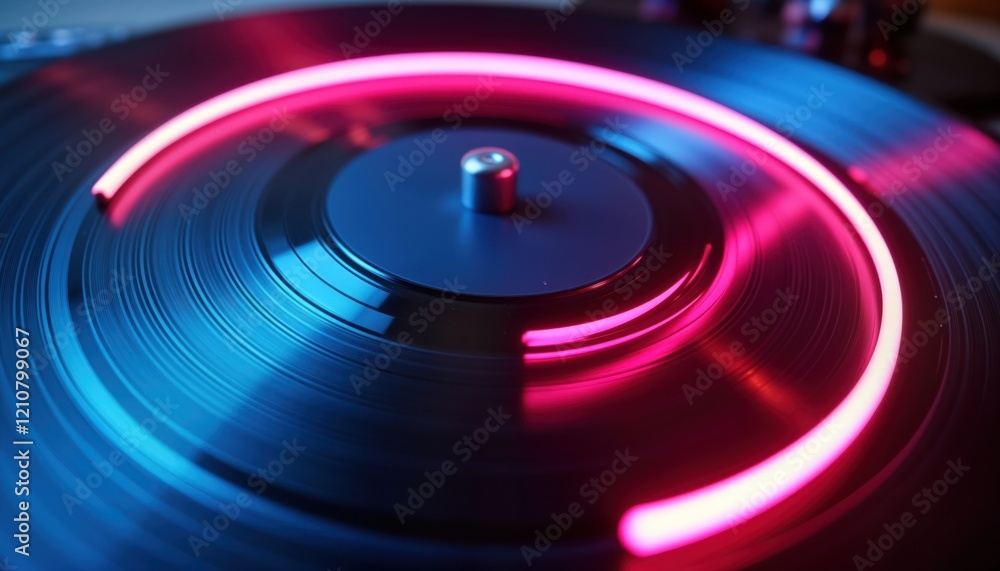 Vinyl record spinning with vibrant neon pink, blue lights. Retro tech design. Music concept. Nostalgic vibe. Groovy entertainment style. Disco night. Stylish digital art. Illustration of turntable. Vinyl record spinning with vibrant neon pink, blue lights. Retro tech design. Music concept. Nostalgic vibe. Groovy entertainment style. Disco night. Stylish digital art. Illustration of turntable.