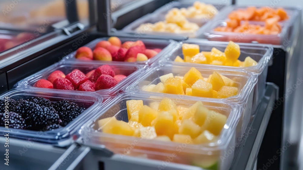 Automated equipment packaging diced fruit into clear containers. Automated equipment packaging diced fruit into clear containers.