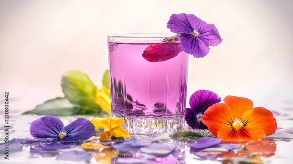 Purple drink in a glass with vibrant flower petals and leaves Purple drink in a glass with vibrant flower petals and leaves