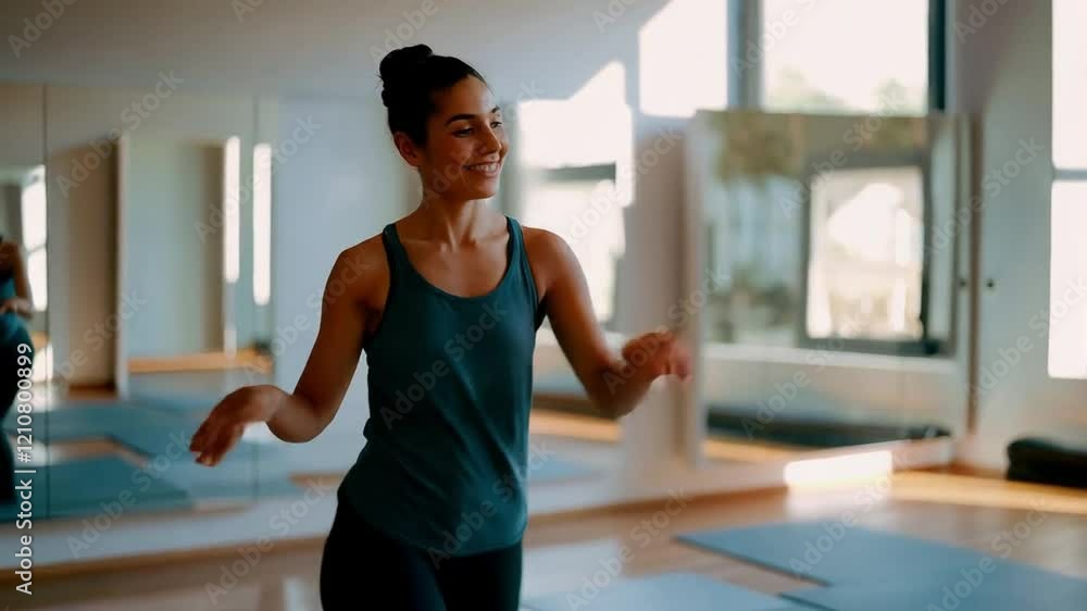 Engaging Fitness Instructor Leads Energizing Workout Session in Bright Studio Environment