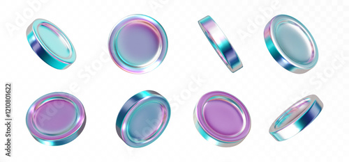 Holographic coin set realistic isolated PNG. Realistic vector blank or Iridescent coin different views. Futuristic, y2k icon set