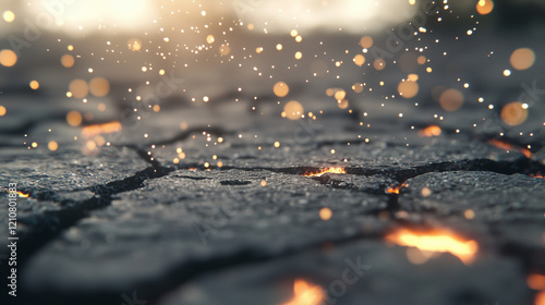 Fire and Sparks on Cracked Black Stone Surface photo