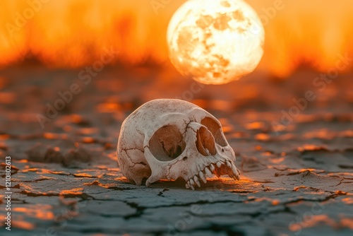 A skull rests on cracked earth under a fiery sunset, evoking themes of mortality and the passage of time. photo