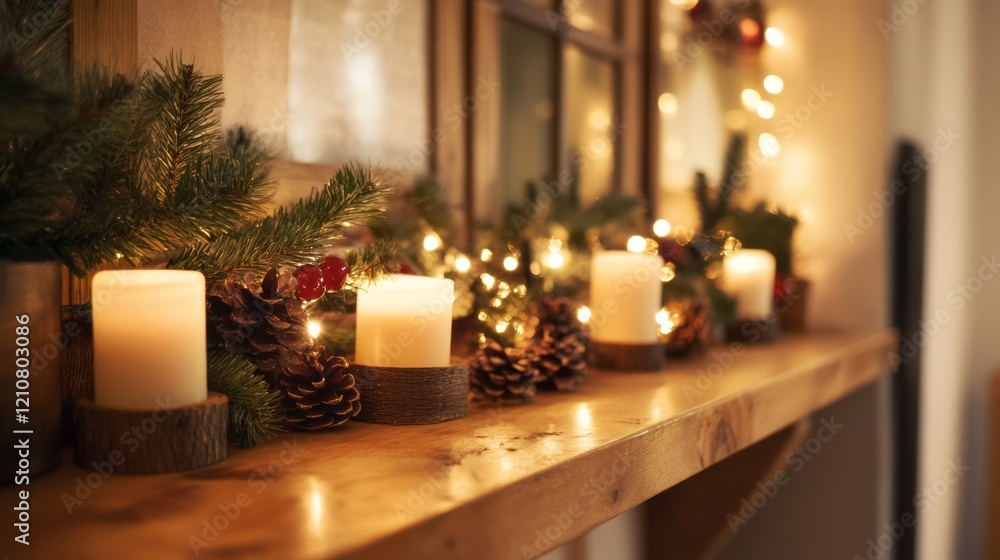 Rustic holiday decorations on a wooden surface with warm lighting Rustic holiday decorations on a wooden surface with warm lighting