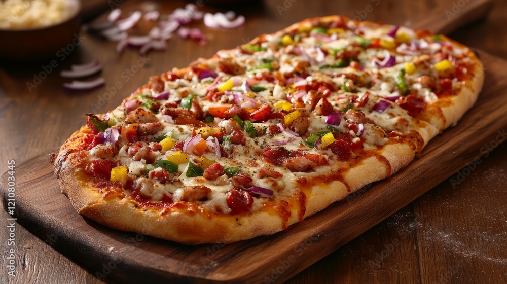 Rustic pizza with colorful toppings on a wooden serving board Rustic pizza with colorful toppings on a wooden serving board