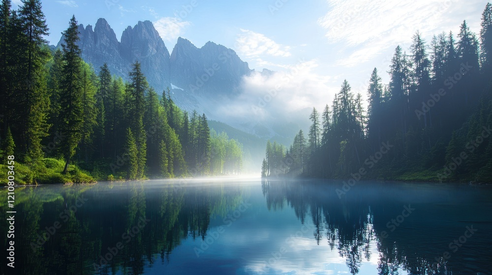 Tranquil Mountain Lake Reflection with Summer Mist and Dense Trees in Distance Tranquil Mountain Lake Reflection with Summer Mist and Dense Trees in Distance