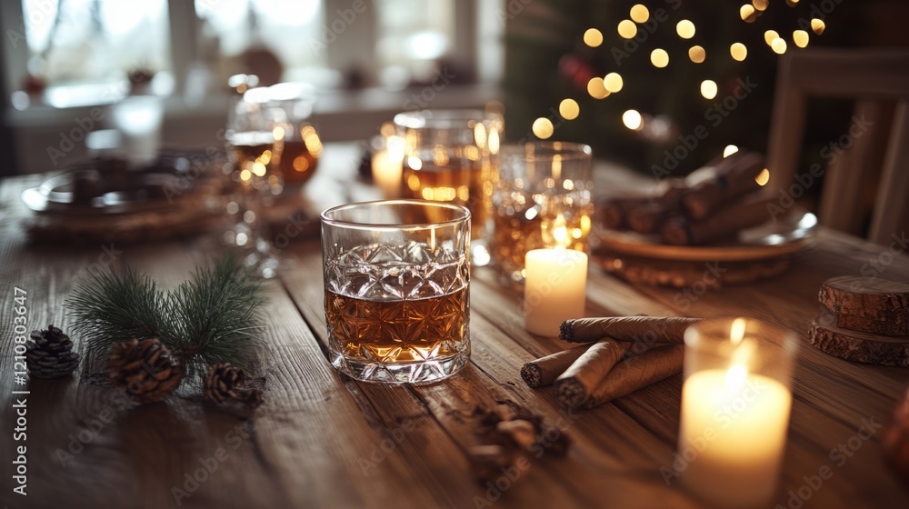 Rustic table with glasses of whiskey and cigars, soft warm light, highly detailed, festive and inviting, peaceful and cozy, calm and cheerful, seasonal and vibrant atmosphere Rustic table with glasses of whiskey and cigars, soft warm light, highly detailed, festive and inviting, peaceful and cozy, calm and cheerful, seasonal and vibrant atmosphere
