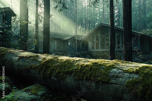 Sunbeams illuminate a mossy, abandoned house nestled deep within a sun-dappled forest. photo