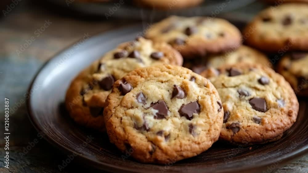 Freshly baked chocolate chip cookies rotating on rustic plate in cozy kitchen Freshly baked chocolate chip cookies rotating on rustic plate in cozy kitchen