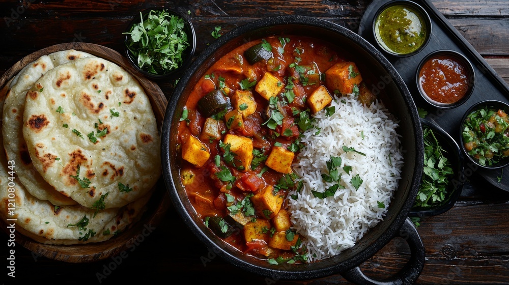 Rustic table with vegetable curry rice naan and garnishes Rustic table with vegetable curry rice naan and garnishes