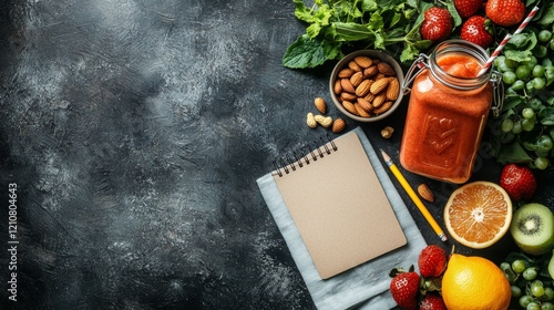 Rustic table setup with smoothie jar nuts notepad fruits photo