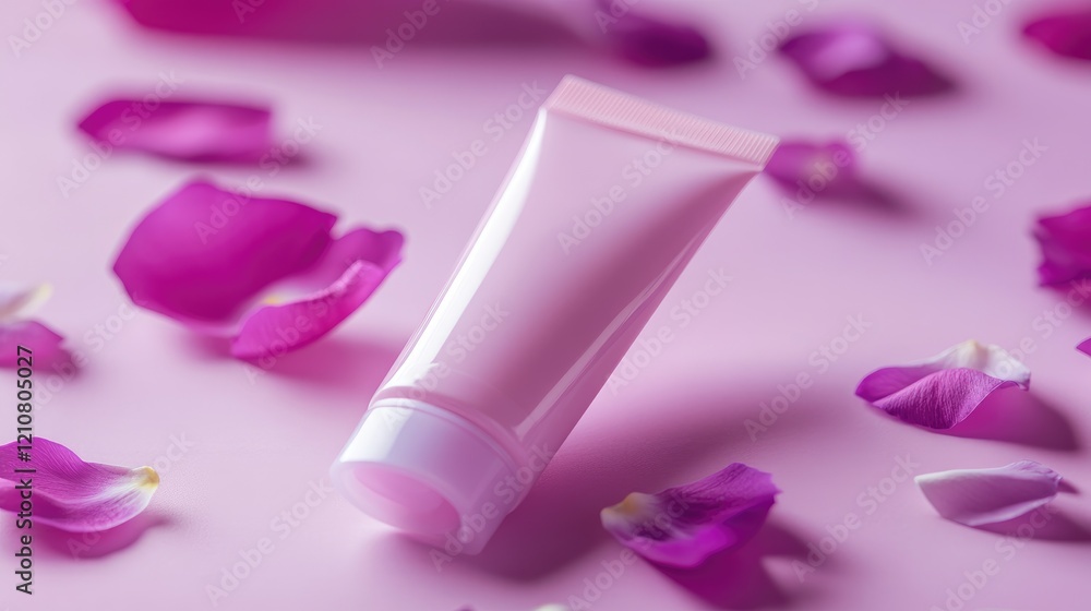 Bright sunscreen tube on a lavender background, surrounded by fresh petals. Bright sunscreen tube on a lavender background, surrounded by fresh petals.