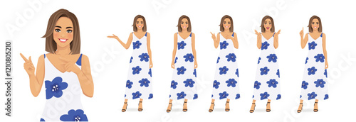Beautiful woman wearing summer flower print dress standing with different gestures. Isolated vector illustration 