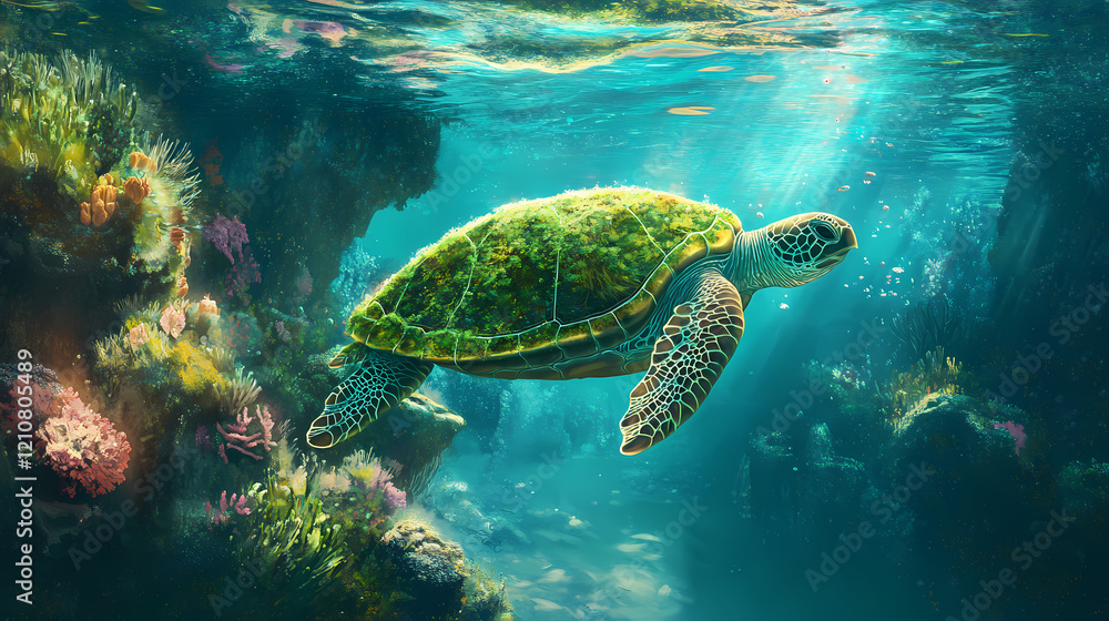 Obraz premium A turtle with a moss-covered shell gliding through a tranquil crystal-clear lagoon surrounded by glowing coral. Glowing Lagoon. Illustration