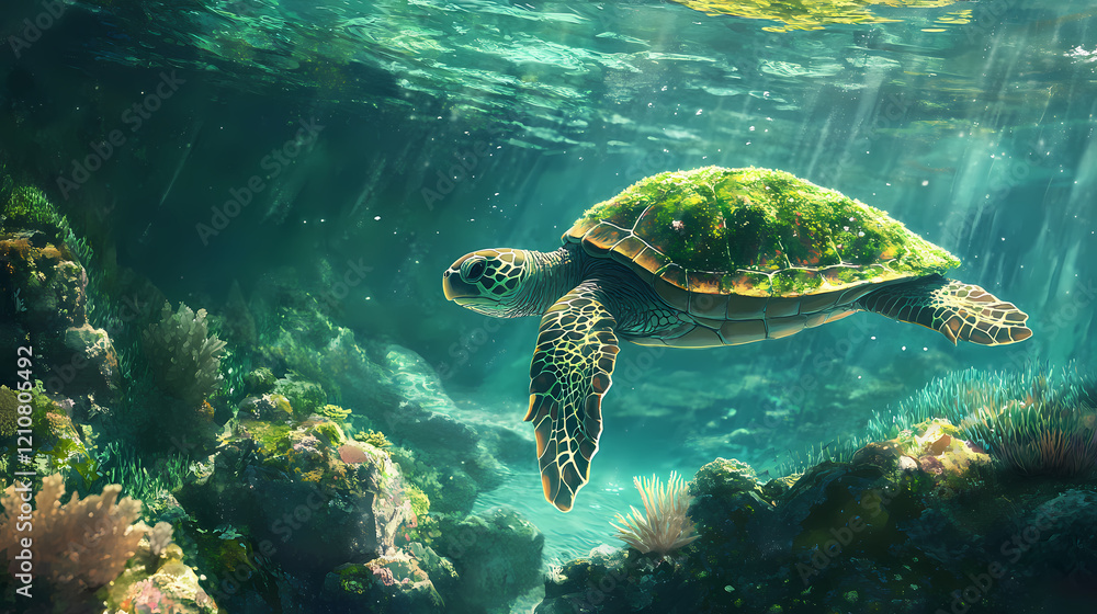 Fototapeta premium A turtle with a moss-covered shell gliding through a tranquil crystal-clear lagoon surrounded by glowing coral. Glowing Lagoon. Illustration