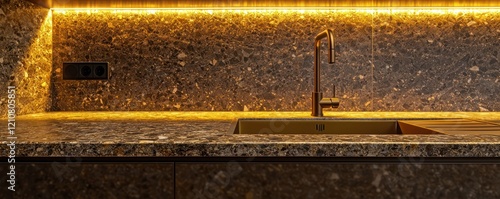 A luxurious kitchen detail featuring a granite benchtop with an elegant bronze sink and matching faucet