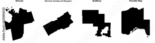 Simcoe, Stormont, Dundas and Glengarry, Sudbury, Thunder Bay outline maps