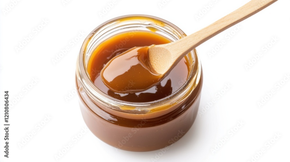 A jar of rich and velvety caramel sauce with a golden hue and a hint of sea salt, Each spoonful’s smooth texture and sweet-salty flavor captured with precision A jar of rich and velvety caramel sauce with a golden hue and a hint of sea salt, Each spoonful’s smooth texture and sweet-salty flavor captured with precision