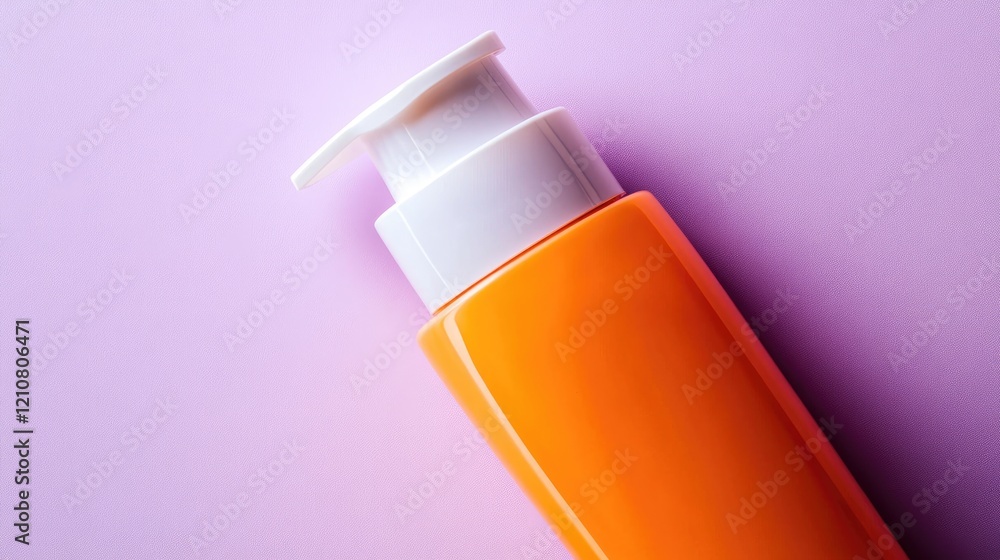 Close-up of a sunscreen bottle with clean branding on a pale purple background. Close-up of a sunscreen bottle with clean branding on a pale purple background.