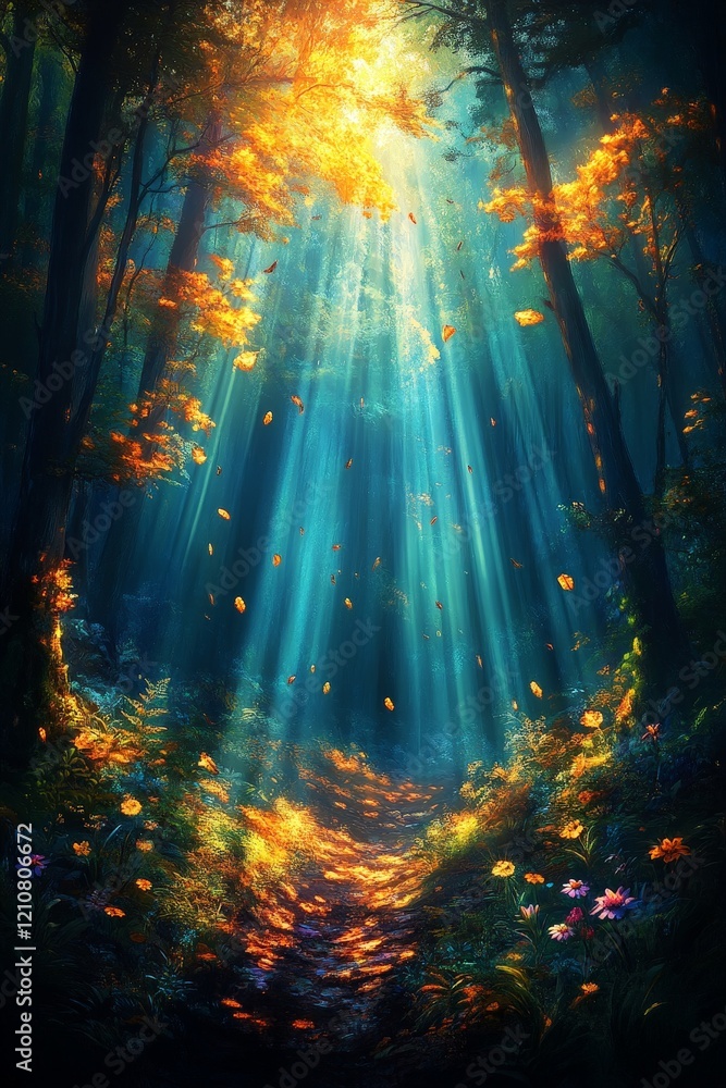 A digital painting of a magical forest path, bathed in sunlight filtering through autumn leaves. A digital painting of a magical forest path, bathed in sunlight filtering through autumn leaves.