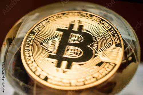 Golden Bitcoin Coin on Futuristic Digital Technology Background