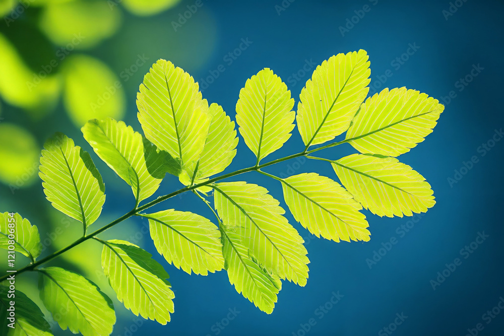 Close-up photograph of vibrant green leaves against a blurred blue background, highlighting nature's beauty and detail Close-up photograph of vibrant green leaves against a blurred blue background, highlighting nature's beauty and detail