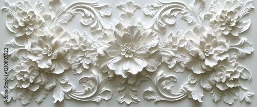 Intricate white floral 3D relief wall decor.