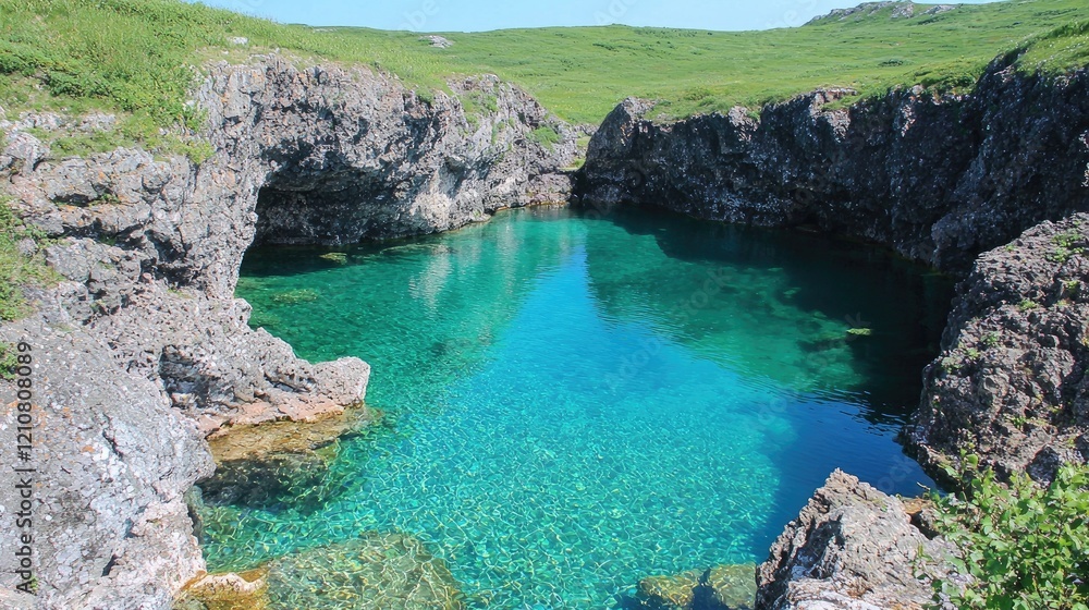 Turquoise cove, rocky coast, clear water, sunny day, natural pool, landscape photography Turquoise cove, rocky coast, clear water, sunny day, natural pool, landscape photography