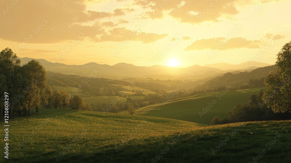 Obraz premium Scenic view of rolling hills and green fields at sunset, peaceful and inviting, highly detailed, calm and natural, warm and idyllic, tranquil and beautiful atmosphere