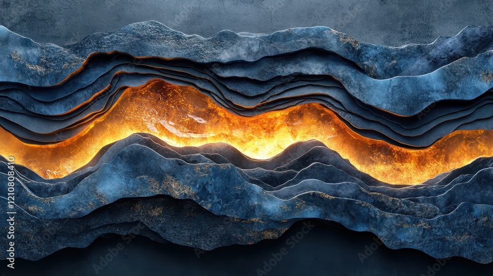 Abstract layered design with glowing orange elements resembling molten material. Abstract layered design with glowing orange elements resembling molten material.