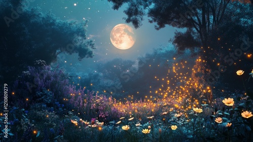Serene garden with glowing flowers and mystical fireflies under the moon
