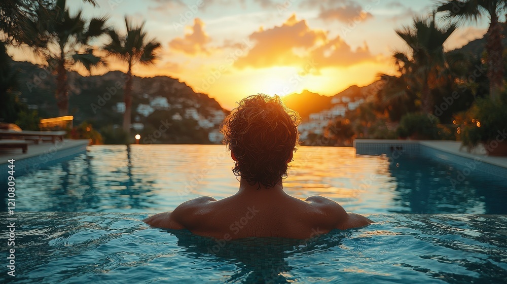 Relaxing in a serene pool at sunset with picturesque views of nature in a tranquil setting Relaxing in a serene pool at sunset with picturesque views of nature in a tranquil setting