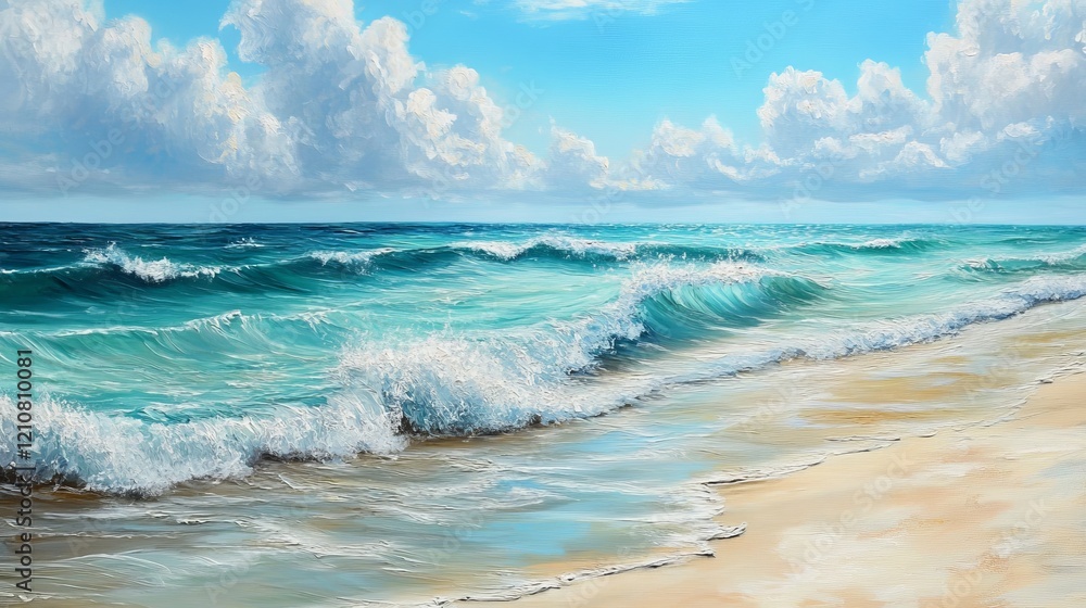 Serene tropical beach with turquoise water, golden sand, and soft white waves, peaceful and inviting, sunny day, high detail