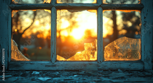 Broken window framing a sunset view. Sunlight shines through a broken window, illuminating shards of glass and casting warm tones in a serene setting.