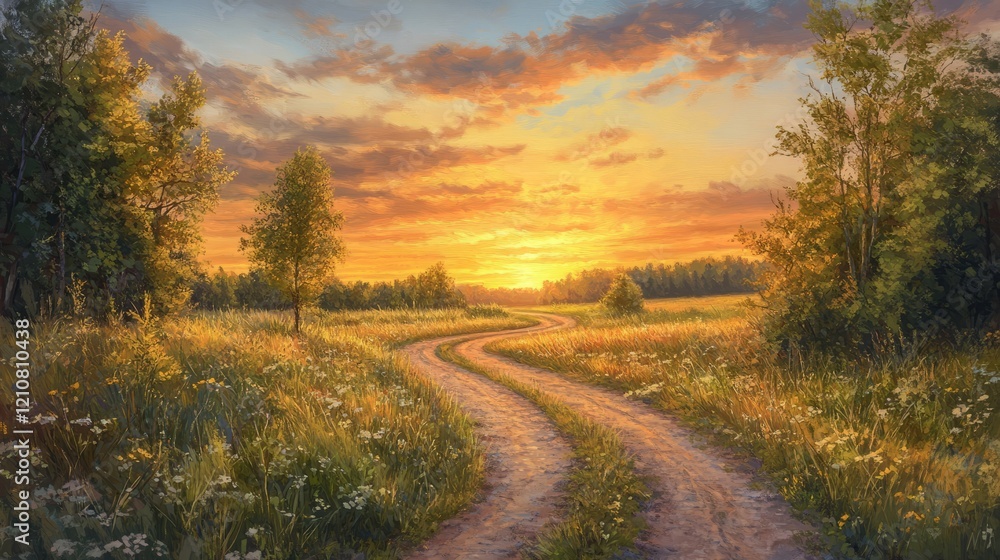 Serene view of a countryside road at sunset, warm light, peaceful and inviting, highly detailed, calm and natural, tranquil and beautiful, idyllic and serene atmosphere Serene view of a countryside road at sunset, warm light, peaceful and inviting, highly detailed, calm and natural, tranquil and beautiful, idyllic and serene atmosphere