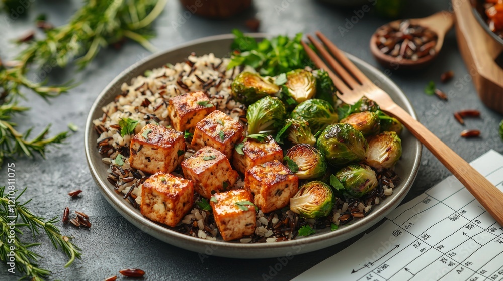 Vibrant flatlay with seared tofu Brussels sprouts wild rice Vibrant flatlay with seared tofu Brussels sprouts wild rice