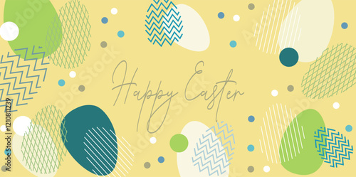 Happy Easter. Easter vector with eggs in yellow, green and golden colors for greeting card, invitation, banner, or background.  