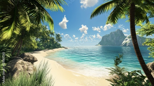 Serene view of a tropical beach with palm trees and turquoise water  bright blue sky  peaceful and inviting  highly detailed  calm and natural  warm and idyllic  tranquil and beautiful atmosphere