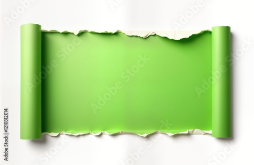 Ripped green paper sheet with torn edges against white background. Paper roll unfurling. Vibrant green color striking. Design element isolated. Ideal for graphic design projects. Great for templates photo